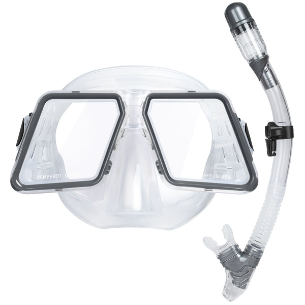 Snorkel Mask Set, Happiwiz Professional Adults Teens Kids Snorkeling Diving Scuba Package Set with Anti-Fog Coated Glass Purge Valve and Anti-Splash Silicon Mouth Piece for Men Women, Gray