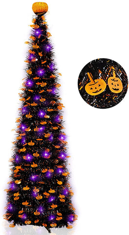 HAPPIWIZ 5 Feet Black Tinsel Halloween Tree with 50 LED