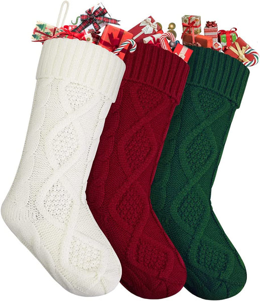 Christmas Stockings, 3 Packs 14” Happiwiz Knit Christmas Stockings Green, Ivory & Red Christmas Stocking Kits, Xmas Stockings Set for Kids, Xmas Tree Holiday Family Party Fireplace Hanging Decorations