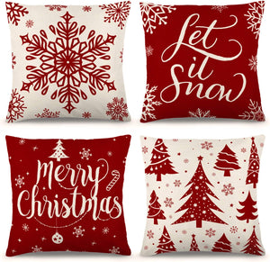 Christmas Pillow Covers, Happiwiz 18×18" Set of 4 Farmhouse Pillow Covers Holiday Rustic Linen Pillow Case for Sofa Couch Christmas Decorations Throw Pillow Covers, Red