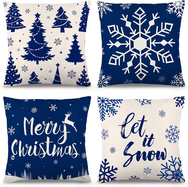 Chrsitmas Pillow Covers, Winter Saving Happiwiz 18×18" Set of 4 Farmhouse Pillow Covers Holiday Rustic Linen Pillow Case for Sofa Couch Christmas Decorations Throw Pillow Covers, Blue