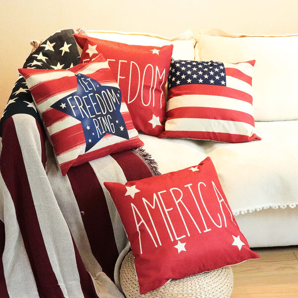 4th of July Decorations Pillow Covers, Set of 4 Happiwiz 18x18 Inch Independence Day Patriotic Day Memorial Day American Flag Stars and Stripes Patriotic Throw Pillow Covers USA Freedom Pillows Décor
