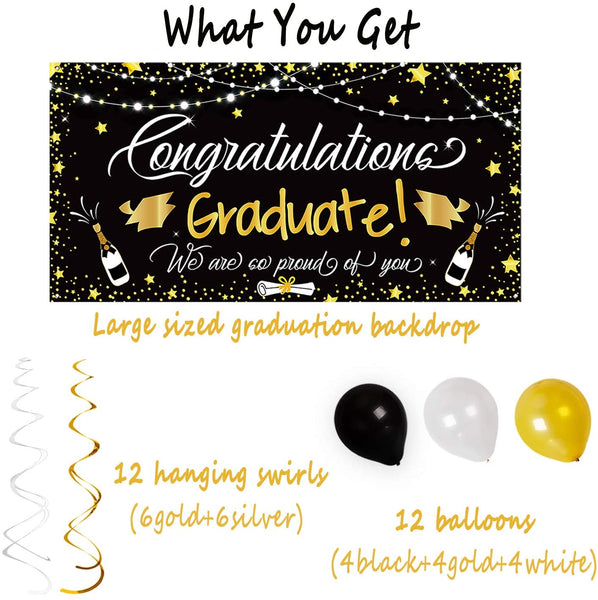 Graduation Party Decorations 2022, Happiwiz 25PCS Graduation Party Decorations Supplies 2022 - Large Congrats Grad Banner Garland Photo Backdrop+Balloons+Hanging Swirls Favors (Black)