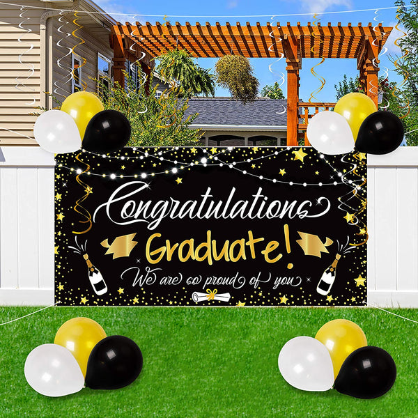 Graduation Party Decorations 2022, Happiwiz 25PCS Graduation Party Decorations Supplies 2022 - Large Congrats Grad Banner Garland Photo Backdrop+Balloons+Hanging Swirls Favors (Black)
