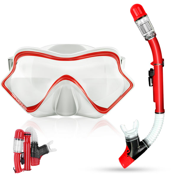 Snorkel Mask Set, Happiwiz Professional Adults Teens Kids Snorkeling Diving Scuba Package Set with Anti-Fog Coated Glass Purge Valve and Anti-Splash Silicon Mouth Piece for Men Women, Red